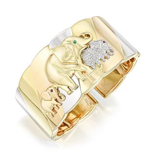 Elephant Tricolor Gold Diamond Cuff Bracelet