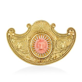 Victorian Etruscan Revival Coral Gold Brooch with Fitted Box