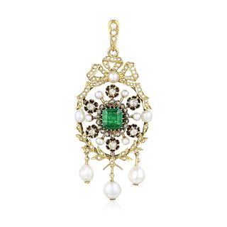 Victorian Natural Pearl Emerald and Diamond Pendant, GIA Certified
