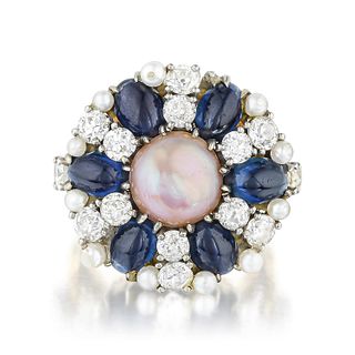 Cultured Pearl Sapphire and Old European-Cut Diamond Ring