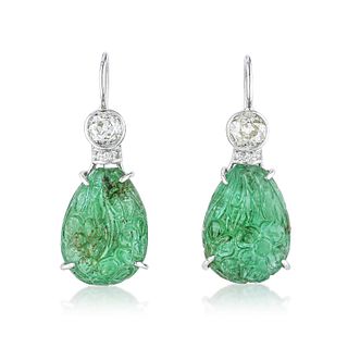Carved Emerald Drop and Diamond Earrings