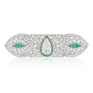 Fine Art Deco Diamond and Emerald Brooch