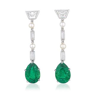 Colombian Emerald Diamond and Pearl Earrings, AGL &amp; SSEF Certified
