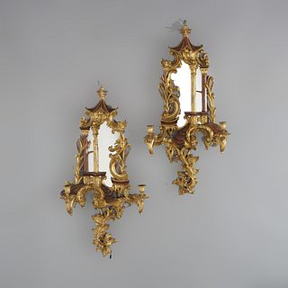 Antique Large Chinese Chippendale Polychromed Giltwood & Mirrored Sconces c1920