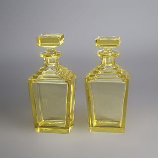 Antique Pair of Baccarat School Crystal Art Deco Citrine Glass Decanters c1920