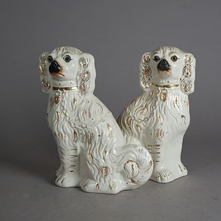 Pair Of Antique English Staffordshire Hand Painted Gilt Porcelain Spaniels