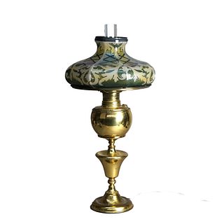 Antique Brass Banquet Lamp With Stylized Glass Shade C1910