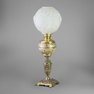Antique Victorian Embossed Brass And Blown Glass Banquet Lamp