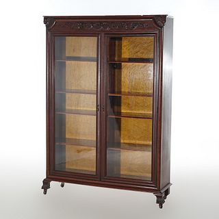 Antique Carved Mahogany Figural Double Door Bookcase