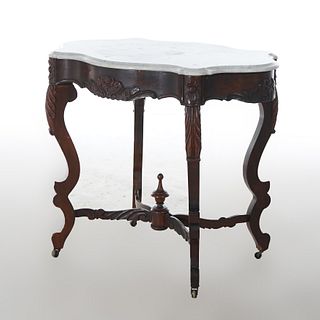 Antique Marble And Carved Walnut Turtle Top Parlor Table