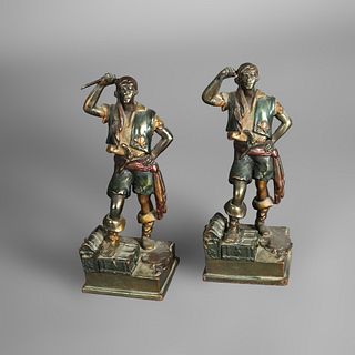 Antique SetFrankart School Pompéian Polychrome Cast Bronze Pirate Bookends c1920
