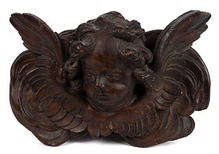 CONTINENTAL CARVED-WOOD WINGED CHERUB PLAQUE