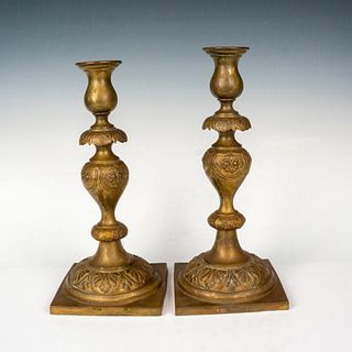 2 Antique Norblin & Co. Brass Judaica Candlestick Holders