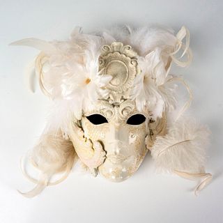 Venetian Mask, White and Cream with Feathers