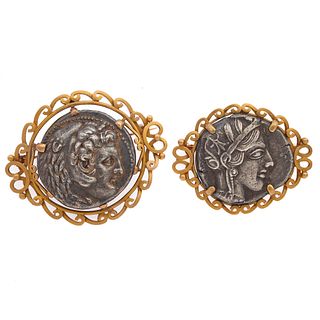 Pair of Ancient Silver Coin, 18k Yellow Gold Pins