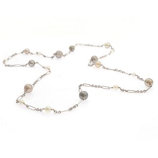 Cultured Pearl, Diamond, 14k White Gold Station Necklace