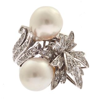 Pair of South Sea Cultured Pearl, Diamond, 14k Nesting Rings