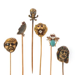 Collection of Six Figural Yellow Gold Stickpins