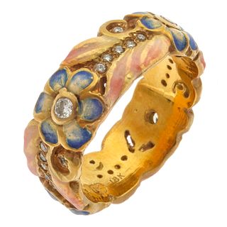 Art Nouveau-Style Diamond, Enamel, 18k Yellow Gold Ring, Steven Schall