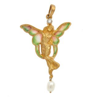 Art Nouveau-Style Plique-a-Jour Enamel, Diamond, 18k Fairy Pendant, Steven Schall