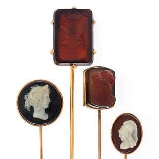 Collection of Four Antique Hardstone Cameo and Intaglio Stickpins