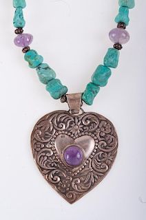 Silver, Turquoise & Amethyst Necklace