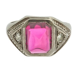 Art Deco Diamond, Synthetic Ruby, 14k White Gold Ring