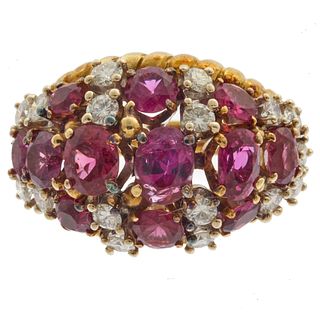 Vintage Diamond, Ruby, 14k Yellow Gold Bombe Ring