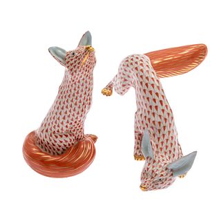 A Pair of Herend Porcelain Figures of Foxes