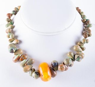 Turquoise Tab & Amber Bead Necklace