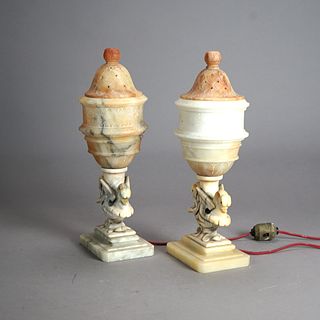 Pair of Antique Alabaster Figural Swan Boudoir Table Lamps C1920