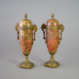 Pair of Antique Classical Rouge Marble & Bronze Mantel Urns Circa 1890