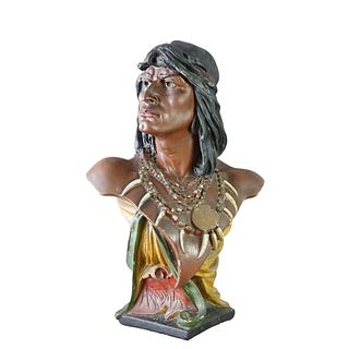 Antique Hiawatha Cigar Store Polychrome Plaster Bust of Indian Warrior c1900