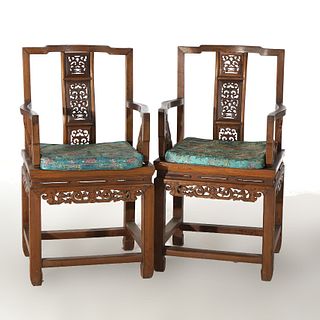 Pair of Chinese Carved Hardwood Throne Armchairs with Silk Cushions Mid-20thC