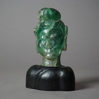 Antique Asian Jade Quartz Buddha Head Sculpture With Hardwood Base c1920