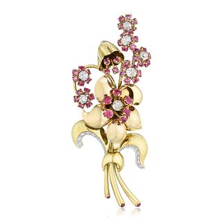 Retro Ruby and Diamond Flower Gold Brooch, French