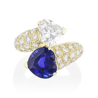 Heart Sapphire and Diamond Bypass Ring, GIA Certified, French