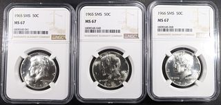 (2) 1965 & (1) 1966 SMS KENNEDY HALVES NGC MS67