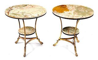 A Pair of Onyx and Gilt Metal Tables, Height 27 x diameter 24 inches.