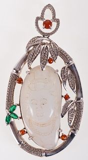 Carved Jade & Sterling Buddha or Hotei Pendant
