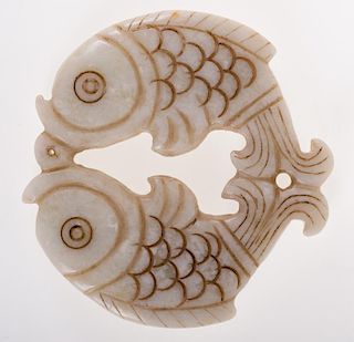 Chinese White Jade Carving of Two Mirrored Fish