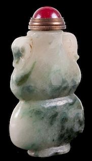 Carved Green & White Jade Snuff Bottle