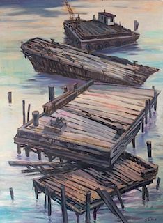 Stevens Barge and Pier Scene Oil on Canvas