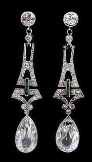 Antique Pear Shape Diamond Drop and Emerald Earrings