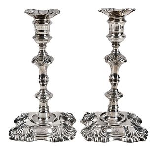 Beverley Family Pair of George II English Silver Candlesticks