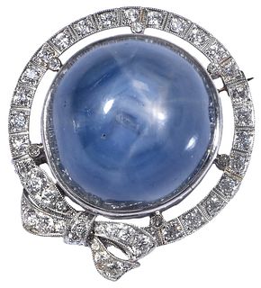 Platinum Brooch with Star Sapphire and Diamonds 