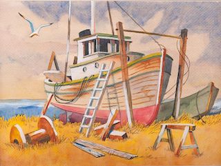 Tug Boat Signed Watercolor