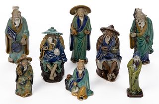 CHINESE HAND-PAINTED MUDMEN POTTERY FIGURES, LOT OF SEVEN