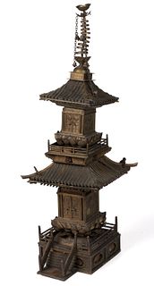 JAPANESE MIXED METALS MODEL OF A TWO-STORY PAGODA