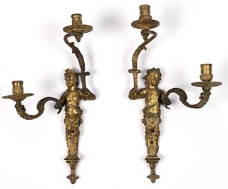 CONTINENTAL CLASSICAL-STYLE DORE BRONZE FIGURAL WALL SCONCES